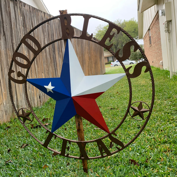 GOD BLESS TEXAS RED WHITE BLUE BARN METAL STAR BRONZE TWISTED ROPE RING WALL ART WESTERN HOME DECOR HANDMADE