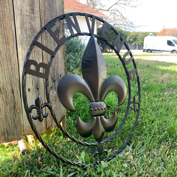 24", 32" GLOSSY BLACK BIENVENUE FLEUR DE LIS METAL WALL ART WESTERN HOME DECOR NEW