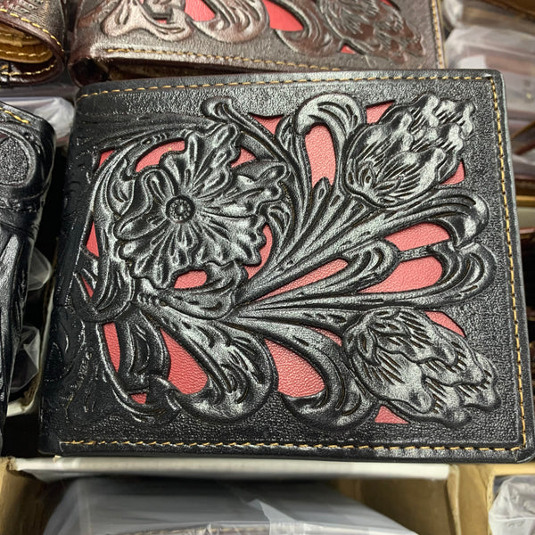 LG 4.25" x 3.75" BLACK  & RED MEN'S WALLET GENUINE LEATHER BIFOLD WESTERN STYLE WALLET NEW-- FREE SHIPPING