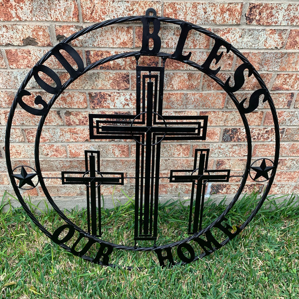 40"GOD BLESS OUR HOME CRUCIFIX CROSS METAL WALL ART BLACK HANDMADE NEW