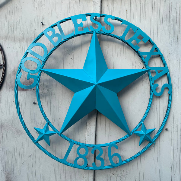 24",32" 1836 GOD BLESS TEXAS 1836 BARN METAL STAR TWISTED ROPE RING WESTERN HOME DECOR RUSTIC TURQUOISE NEW
