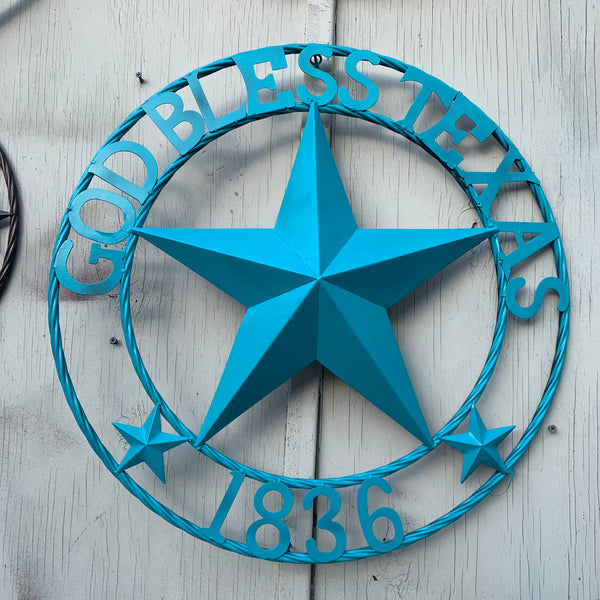GOD BLESS TEXAS 1836 BARN METAL STAR TWISTED ROPE RING WESTERN HOME DECOR RUSTIC TURQUOISE SEASIDE NEW 24",32",36"