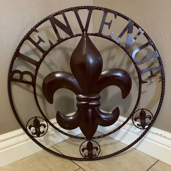 24", 32" FLEUR DE LIS BIENVENUE METAL WALL ART WESTERN HOME DECOR RUSTIC BROWN NEW