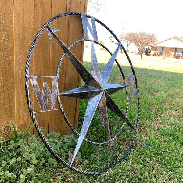 36" COMPASS GREY METAL ART WESTERN METAL ART HOME WALL DECOR RUSTIC GREY