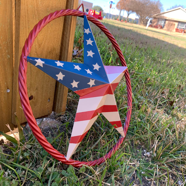 AMERICAN Flag USA Metal Barn Star RED , BEIGE, NAVY BLUE WITH RED Rope Ring Western Home Decor Handmade 12",16",24",30",34",36",40",48"