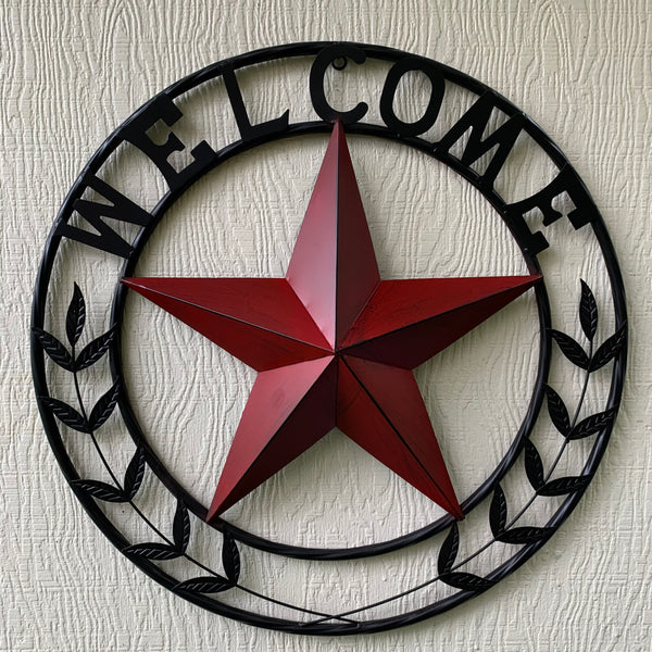 24" WELCOME LEAF LEAVES STAR METAL WALL ART WESTERN HOME DECOR RUSTIC RED HANDMADE