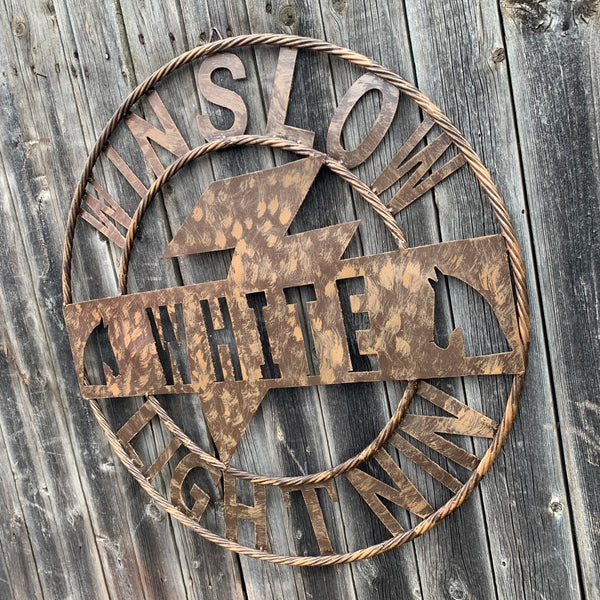 CUSTOM NAME LIGHTNIN HORSE SIGN RAW METAL BARN ROPE RING WESTERN HOME DECOR HANDMADE 24",32",36"