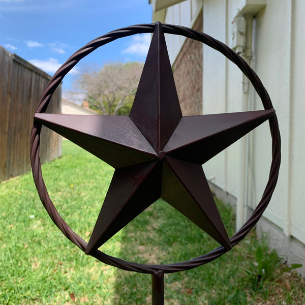 10",12",16",24" STAR STAKE METAL BARN STAR WITH TWISTED ROPE RING WESTERN HOME DECOR BROWN