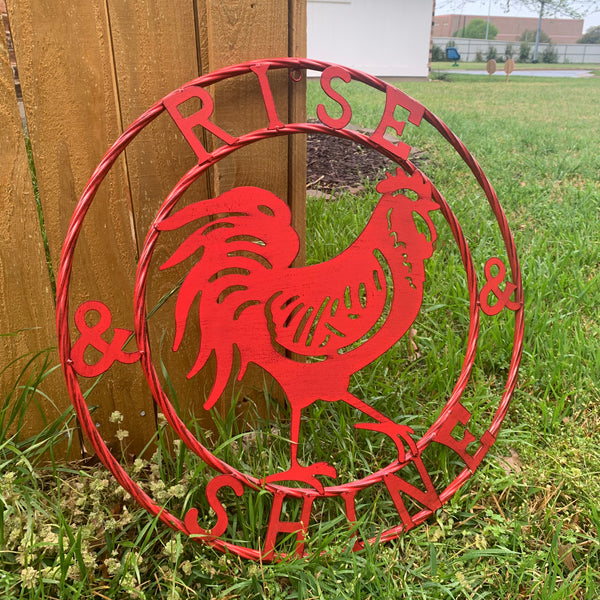 #SI_B9504 RISE & SHINE 24" RED ROOSTER CHICKEN METAL SIGN WESTERN HOME DECOR HANDMADE NEW