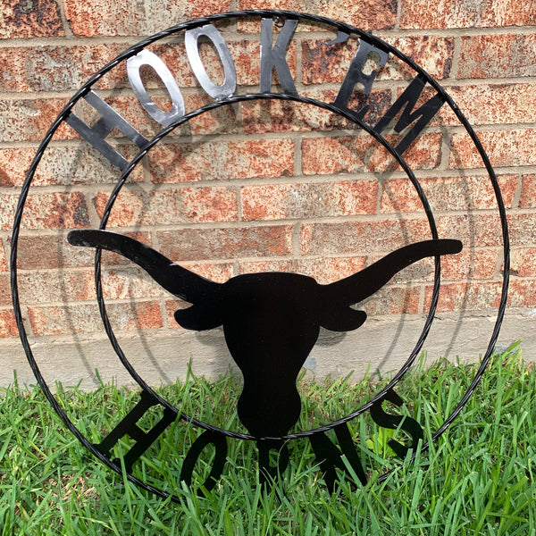 HOOKEM HORNS GLOSSY BLACK TEXAS LONGHORNS HOOK EM METAL CUSTOM VINTAGE CRAFT WALL ART TEAM SIGN HANDMADE