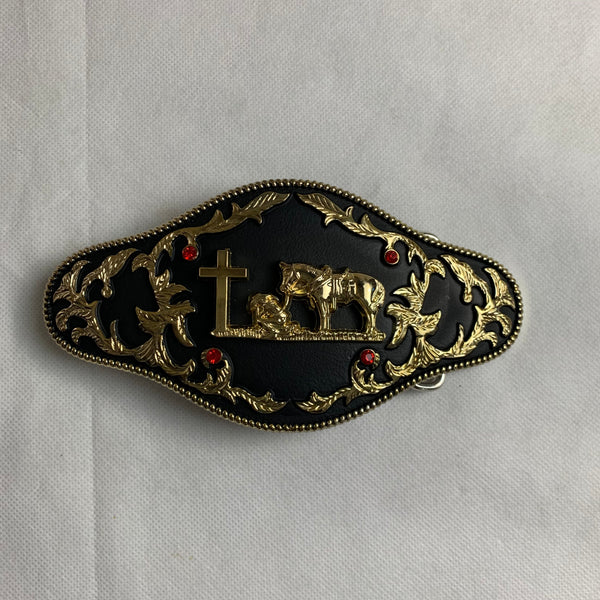 6.5" X 3.5" COWBOY PRAYER CHURCH RHINESTONE BELT BUCKLE BLACK & GOLD WESTERN BUCKLE FASHION ART NEW #EH12272