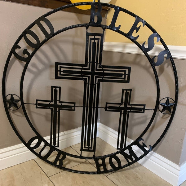 40"GOD BLESS OUR HOME CRUCIFIX CROSS METAL WALL ART BLACK HANDMADE NEW