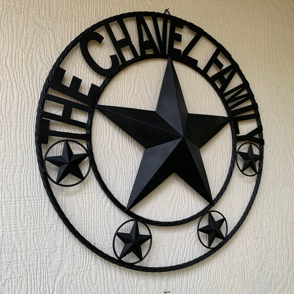 CHAVEZ STYLE CUSTOM FAMILY NAME STAR BLACK STEEL METAL BARN STAR ROPE RING WESTERN HOME DECOR VINTAGE NEW HANDMADE 24",32",34",36",40",42",44",46",50"