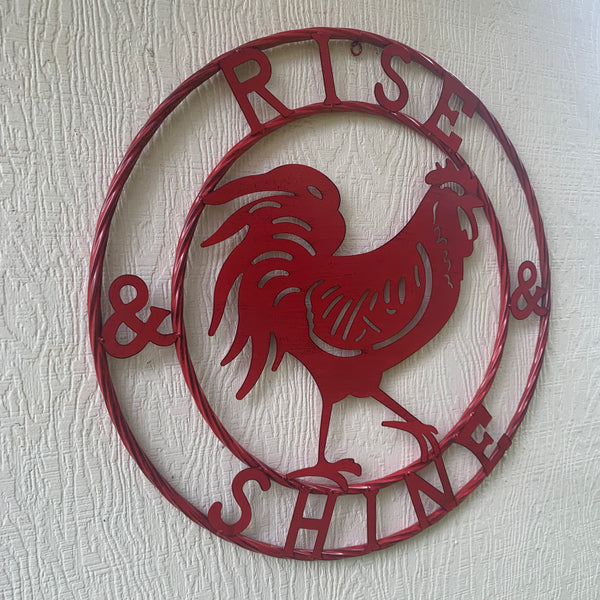 #SI_B9504 RISE & SHINE 24" RED ROOSTER CHICKEN METAL SIGN WESTERN HOME DECOR HANDMADE NEW