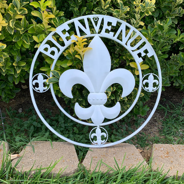 24", 32" GLOSS WHITE FLEUR DE LIS BIENVENUE METAL WALL ART WESTERN HOME DECOR