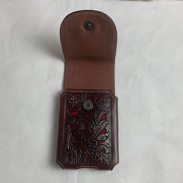 #LG2004  7.5" HORSE COFFEE BROWN & RED LEATHER POUCH EXTRA LARGE  BELT LOOP HOLSTER CELL PHONE CASE UNIVERSAL OVERSIZE