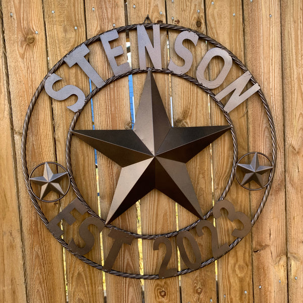 STENSON STYLE YOUR CUSTOM STAR NAME BARN METAL STAR 3d TWISTED ROPE RING WESTERN HOME DECOR RUSTIC BRONZE COPPER NEW HANDMADE 24",32",34",36",40",42",44",46",50"