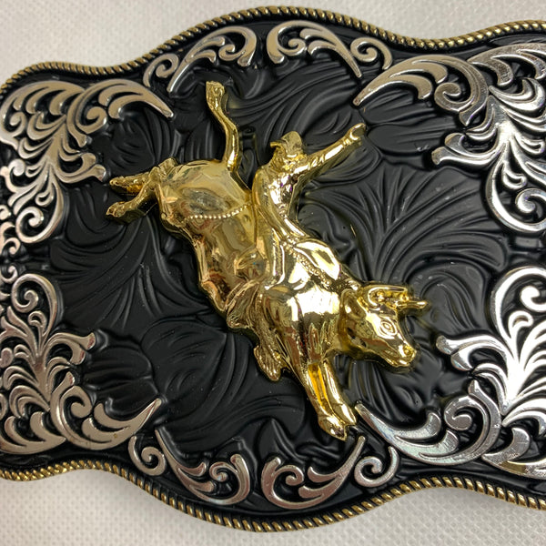 4.5" X 3.5" RODEO BELT BUCKLE BLACK SILVER & GOLD WESTERN BUCKLE FASHION ART NEW #EH12269