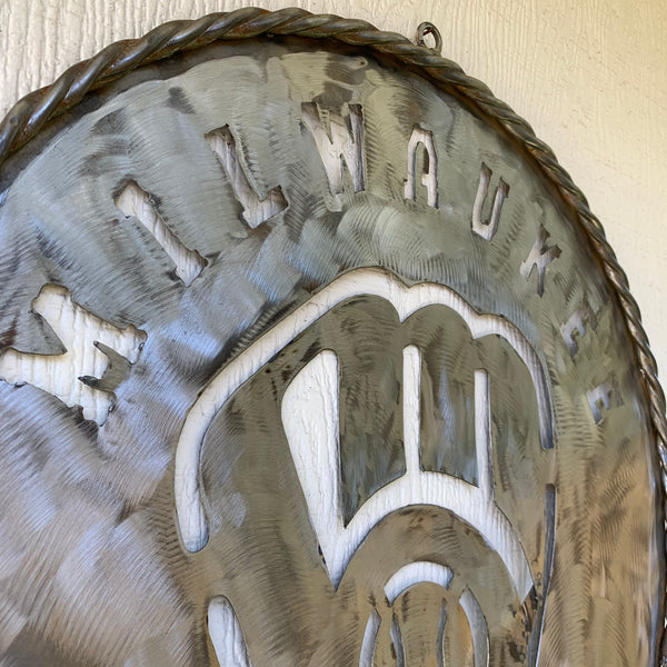 24" MILWAUKEE BREWERS RAW METAL WIDE BAND DISC STYLE CUSTOM METAL VINTAGE CRAFT TEAM SIGN HANDMADE