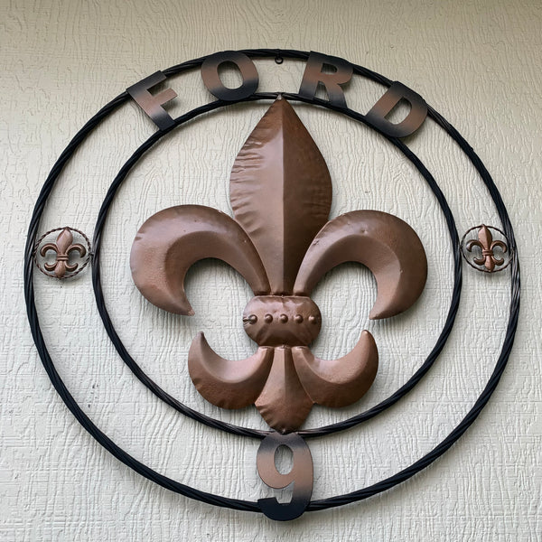 FORD STYLE YOUR CUSTOM NAME FLEUR DE LIS METAL TWISTED ROPE RING SIGN WALL ART WESTERN HOME DECOR HANDMADE 24", 32", 36"
