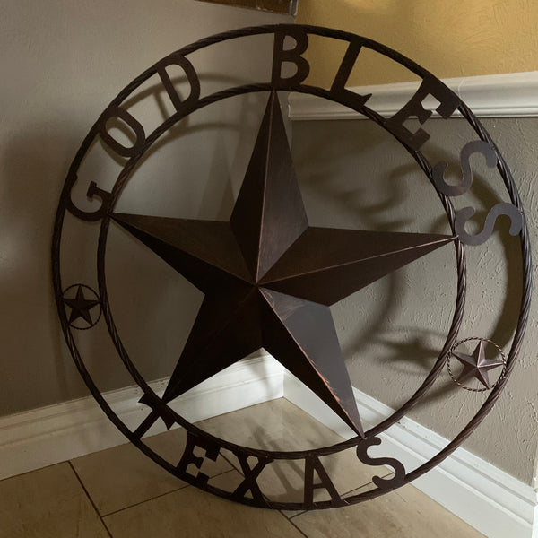 #EH10197 GOD BLESS TEXAS BARN STAR METAL LONESTAR TWISTED ROPE RING WESTERN HOME DECOR HANDMADE NEW