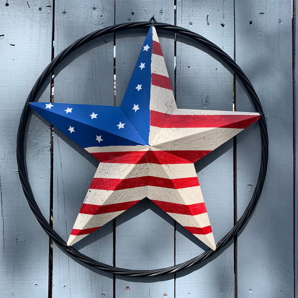 24" AMERICAN USA FLAG CRACKLE STAR METAL WALL ART WESTERN HOME DECOR HANDMADE NEW