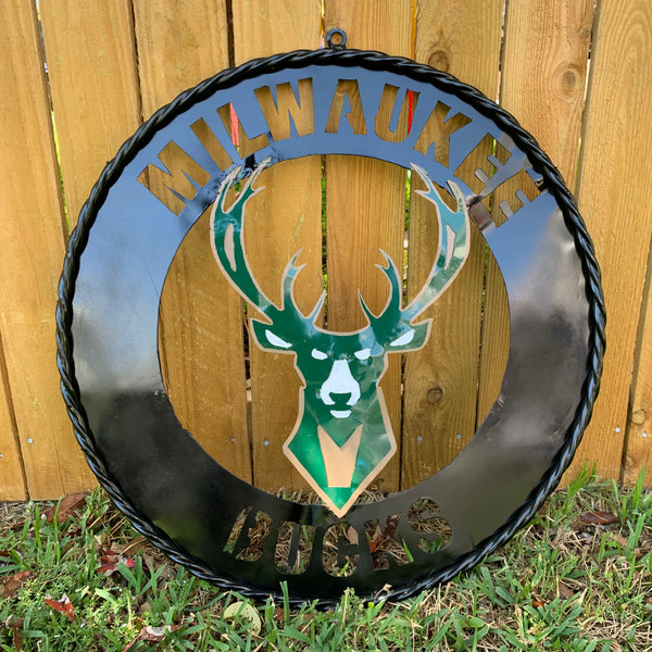 24" MILWAUKEE BUCKS WIDE BAND DISC STYLE METAL CUSTOM VINTAGE CRAFT TEAM SPORTS SIGN HANDMADE