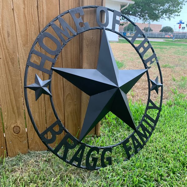 BRAGG STYLE YOUR CUSTOM NAME HOME OF FAMILY STAR METAL BARN STAR 3d TWISTED ROPE RING WESTERN HOME DECOR NEW HANDMADE 24",32",34",36",40",42",44",46",50"