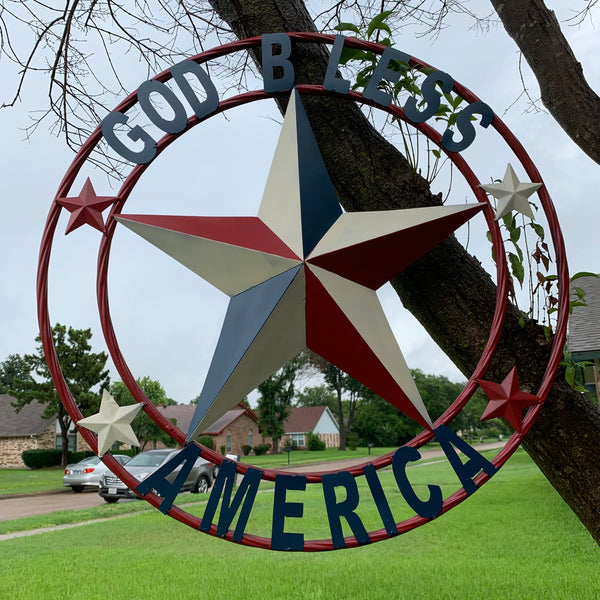 #EH10489 GOD BLESS AMERICA USA FLAG BARN STAR METAL RED WHITE BLUE WESTER HOME DECOR HANDMADE NEW