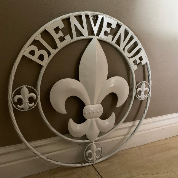 24", 32" GLOSS WHITE FLEUR DE LIS BIENVENUE METAL WALL ART WESTERN HOME DECOR