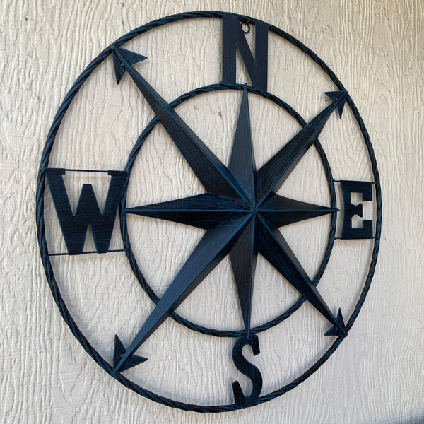 #SI_B8235 COMPASS NAVY BLUE 24" METAL SIGN WESTERN HOME DECOR HANDMADE NEW