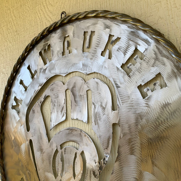 24" MILWAUKEE BREWERS RAW METAL WIDE BAND DISC STYLE CUSTOM METAL VINTAGE CRAFT TEAM SIGN HANDMADE
