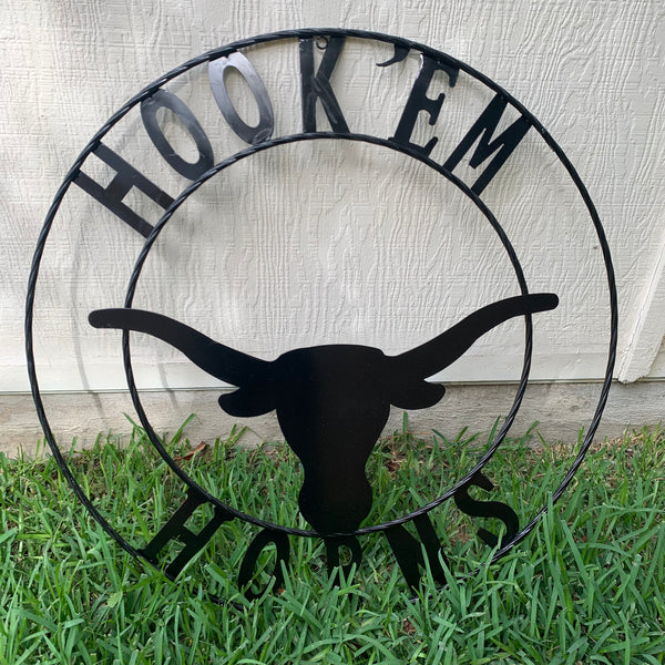 HOOKEM HORNS GLOSSY BLACK TEXAS LONGHORNS HOOK EM METAL CUSTOM VINTAGE CRAFT WALL ART TEAM SIGN HANDMADE