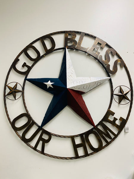 24", 32", 40" GOD BLESS OUR HOME LICENSE PLATE BARN METAL STAR ROPE RING WALL ART WESTERN HOME DECOR RED WHITE & BLUE