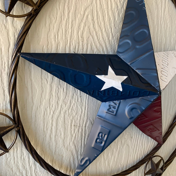 24" LICENSE PLATE MULTI STAR RED WHITE BLUE METAL BARN STAR WESTERN HOME DECOR NEW