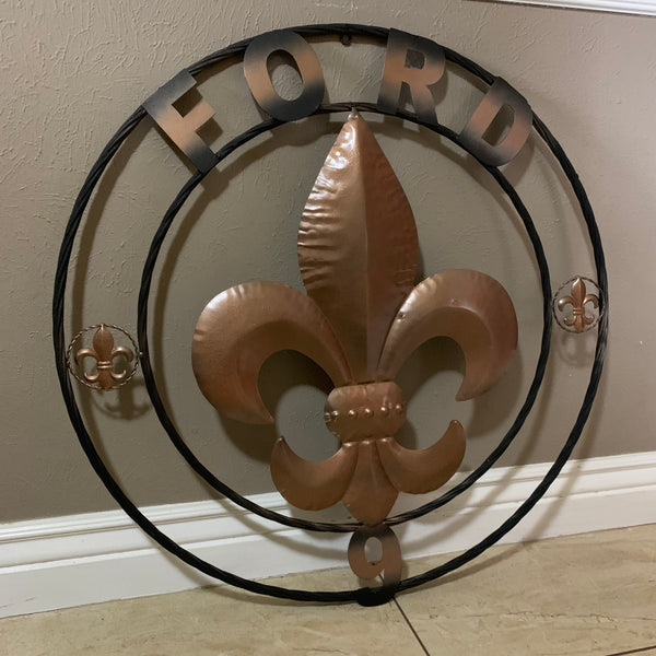 FORD STYLE YOUR CUSTOM NAME FLEUR DE LIS METAL TWISTED ROPE RING SIGN WALL ART WESTERN HOME DECOR HANDMADE 24", 32", 36"