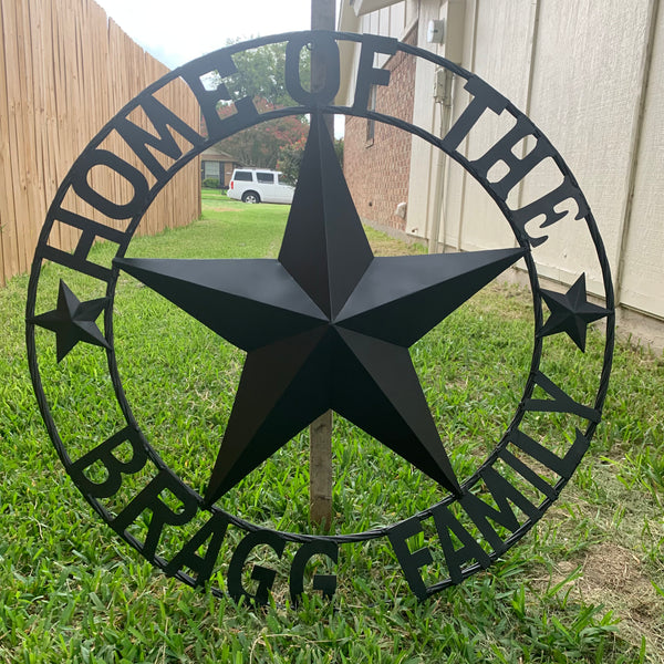 BRAGG STYLE YOUR CUSTOM NAME HOME OF FAMILY STAR METAL BARN STAR 3d TWISTED ROPE RING WESTERN HOME DECOR NEW HANDMADE 24",32",34",36",40",42",44",46",50"