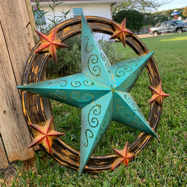 #RT5045 TURQUOISE CARVED CUT STAR 26",36", BARN METAL WESTERN HOME DECOR HANDMADE NEW