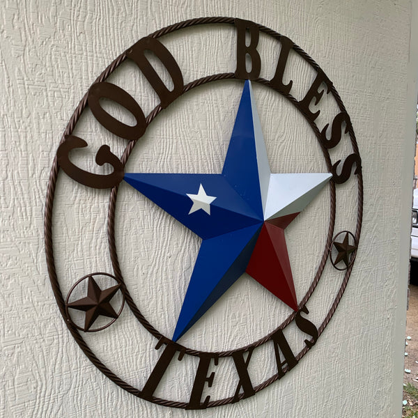 GOD BLESS TEXAS RED WHITE BLUE BARN METAL STAR BRONZE TWISTED ROPE RING WALL ART WESTERN HOME DECOR HANDMADE