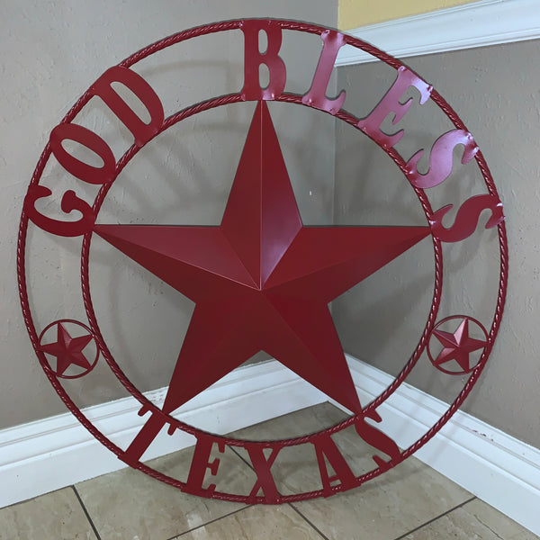 24",32",40",50" BURGUNDY RED GOD BLESS TEXAS BARN STAR ROPE RING METAL WALL ART WESTERN HOME DECOR NEW