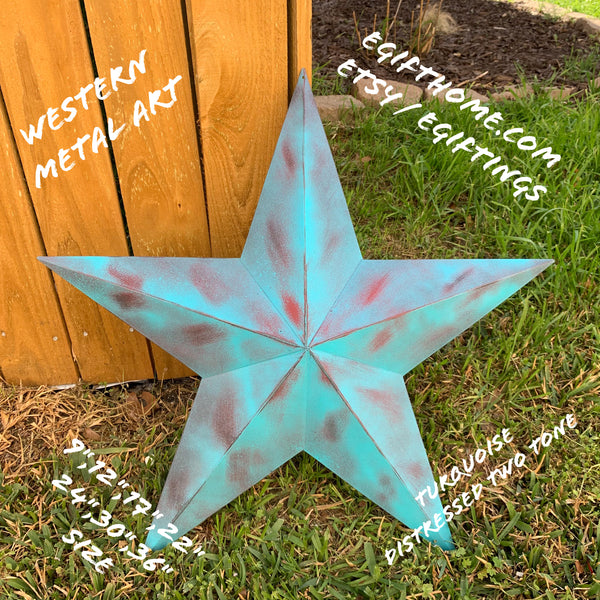 #EH10480 TURQUOISE DISTRESSED TWO TONE BARN STAR METAL ART WESTERN HOME DECOR HANDMADE NEW