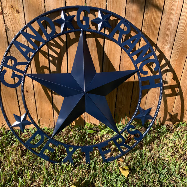 GRAND G RANCH STYLE CUSTOM NAME STAR RUSTIC NAVY BLUE METAL BARN STAR ROPE RING WESTERN HOME DECOR HANDMADE