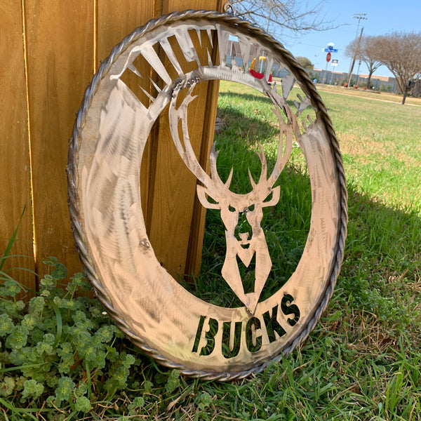 24" MILWAUKEE BUCKS RAW METAL WIDE BAND DISC STYLE METAL CUSTOM VINTAGE CRAFT TEAM SPORTS SIGN HANDMADE