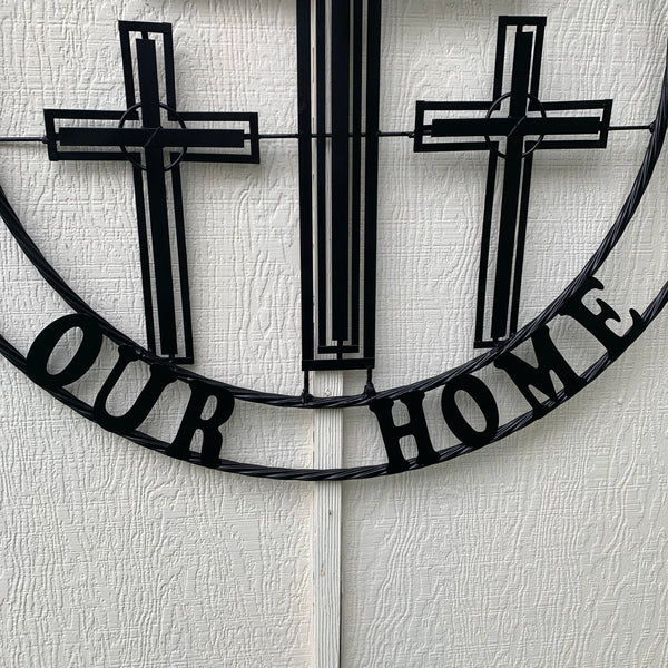40"GOD BLESS OUR HOME CRUCIFIX CROSS METAL WALL ART BLACK HANDMADE NEW