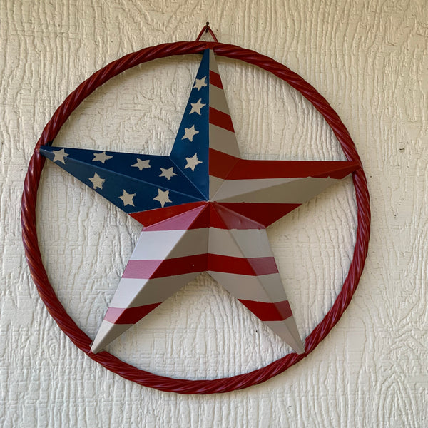 AMERICAN Flag USA Metal Barn Star RED , BEIGE, NAVY BLUE WITH RED Rope Ring Western Home Decor Handmade 12",16",24",30",34",36",40",48"