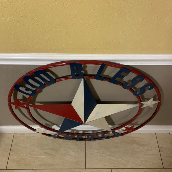 #EH10489 GOD BLESS AMERICA USA FLAG BARN STAR METAL RED WHITE BLUE WESTER HOME DECOR HANDMADE NEW