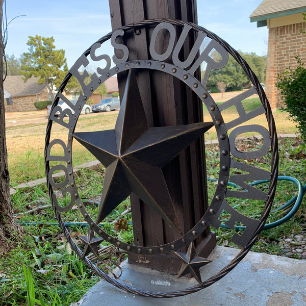 24" GOD BLESS OUR HOME BEADED BARN STAR WITH TWISTED ROPE RING DESIGN METAL WALL ART WESTERN HOME DECOR VINTAGE RUSTIC DARK BRONZE COPPER NEW
