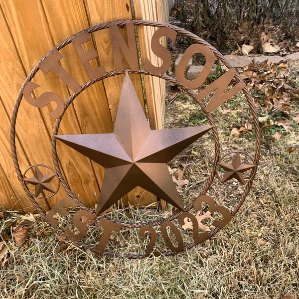 STENSON STYLE YOUR CUSTOM STAR NAME BARN METAL STAR 3d TWISTED ROPE RING WESTERN HOME DECOR RUSTIC BRONZE COPPER NEW HANDMADE 24",32",34",36",40",42",44",46",50"