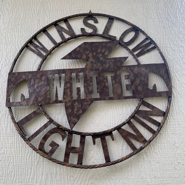 CUSTOM NAME LIGHTNIN HORSE SIGN RAW METAL BARN ROPE RING WESTERN HOME DECOR HANDMADE 24",32",36"