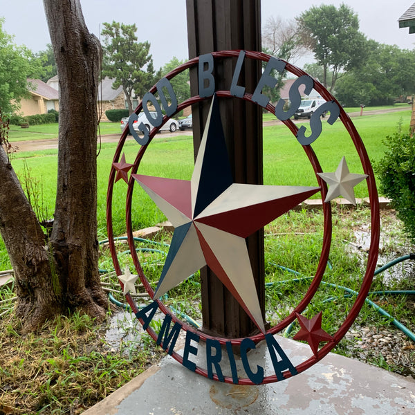 #EH10489 GOD BLESS AMERICA USA FLAG BARN STAR METAL RED WHITE BLUE WESTER HOME DECOR HANDMADE NEW